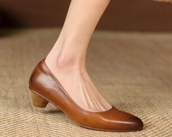 New Handmade Pure Leather Round Heel Pumps For Women