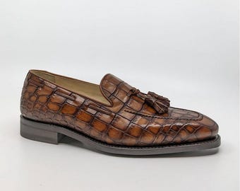 Zapatos mocasines con borlas de piel de cocodrilo pura, hechos a mano, para hombre.