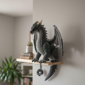 May include: A crocheted dragon sculpture in shades of gray and green, perched on a wooden shelf. The dragon has detailed wings, horns, and a curled tail. The shelf is mounted on a light gray wall, with a plant and books visible.