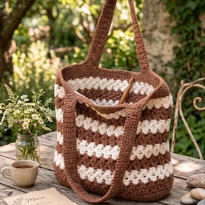 May include: A handmade crochet tote bag in brown and white stripes. The bag has two brown handles and a wooden crochet hook inside. The bag is sitting on a wooden table with a cup of coffee, a jar of flowers, and a menu.