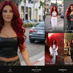 May include: A digital character profile titled Doll #002 featuring a person with long wavy red hair. The layout includes a large portrait and six smaller images showing the character in various outfits, including white sets, denim, and dark clothing.