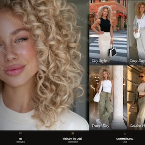 Op de afbeelding: Een digitaal karakterprofiel getiteld Doll #003 met een blonde vrouw met krullend haar. De lay-out bevat een groot portret en zes kleinere afbeeldingen die het personage in verschillende outfits en omgevingen tonen, met tekst over productkenmerken.