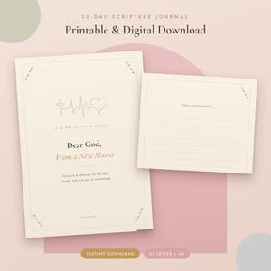 Op de afbeelding: Een 30-daags schriftjournal als printbare en digitale download met een crèmekleurige omslag met een kruis, hartslag en hartlijn. De tekst luidt Dear God, From a New Mama. Bevat een gelinieerde pagina met de tekst Today, I want to remember.