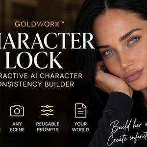 May include: A digital graphic for Goldwork Character Lock, an interactive AI character consistency builder. It features a woman with dark hair and blue eyes, alongside icons for one character, any scene, reusable prompts, and your world.