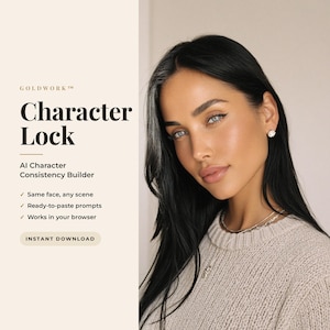 May include: A digital graphic featuring the text GOLDWORK Character Lock AI Character Consistency Builder with a list of features and an instant download button next to a portrait of a person with long dark hair wearing a beige sweater.