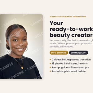 Könnte beinhalten: Eine digitale Marketinggrafik für einen KI-Beauty-UGC-Erstellungsdienst. Sie zeigt das Porträt einer Person mit dunklem Haar, goldenen Creolen und einer Goldkette sowie Text, der ein Paket mit Videos, Fotos und Skripten beschreibt.