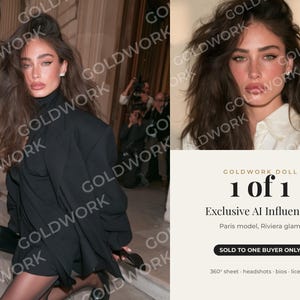 Peut inclure: Un portrait numérique d'une personne aux longs cheveux bruns, portant un blazer noir et une chemise blanche. L'image contient le texte : GOLDWORK DOLL, 1 OF 1, Exclusive AI Influencer, Paris model, Riviera glam, SOLD TO ONE BUYER ONLY, 360 sheet, headshots, bios, license.