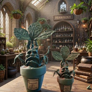 Può includere: Due piante di Mandragora in vasi color turchese su un tavolo di legno. La pianta più grande ha tre grandi foglie e una forma simile a un volto. La pianta più piccola ha un design simile. I vasi hanno etichette con la scritta "MANDRAKE (IMMATURE) CAUTION".