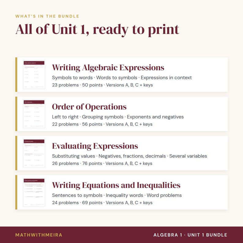 Algebra 1 Unit 1 Bundle: 4 Boot Camp Sets (digital Download) - Etsy
