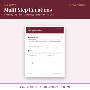 May include: A white Algebra 1 worksheet titled Multi-Step Equations with sections for Vocabulary and Notation and Skills Practice. The document includes lines for name, date, and period, featuring math problems involving combining like terms.