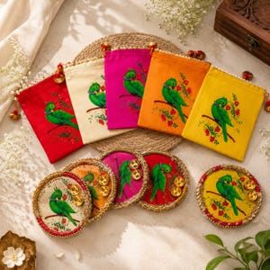 Handmade Parrot Print Potli Bags & Diya Holders Set | Indian Wedding Favor Gifts