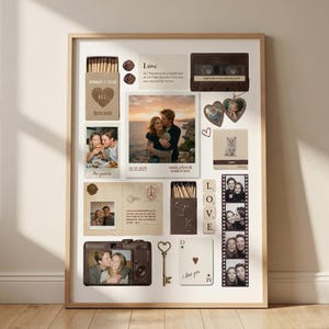 May include: A framed collage print featuring a collection of personal items including a matchbox, cassette tape, heart-shaped ornaments, a cat photo, a letter, a camera, a key, a playing card, and multiple photographs of a couple.