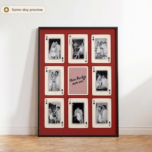 Personalized playing card photo print with couple photos, custom center text, and red wall art design for anniversary or wedding gift.Custom playing card photo print mockup with same-day design preview badge, made with personal couple photos and text.