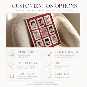 May include: A rectangular print featuring a grid of eight playing card designs surrounding a central card with the text How lucky are we. The customization guide includes sections for photo style, background color, center message, size, frame color, and paper finish.