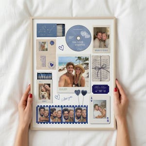 Könnte beinhalten: Eine gerahmte Collage mit Fotos, einer CD und dekorativen Elementen. Die Fotos zeigen Paare und einen Hund. Auf der CD steht "Now, Love Started". Weitere Elemente sind Streichhölzer, Herzen und der Text "I love you".