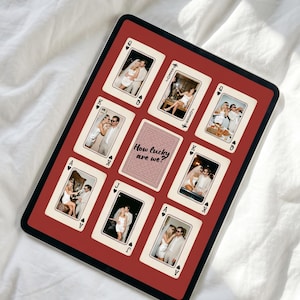May include: A rectangular print featuring a red background with eight playing card designs surrounding a central card. Each card displays a different photograph of a couple in wedding attire. The center card has a patterned border and the text How lucky are we?