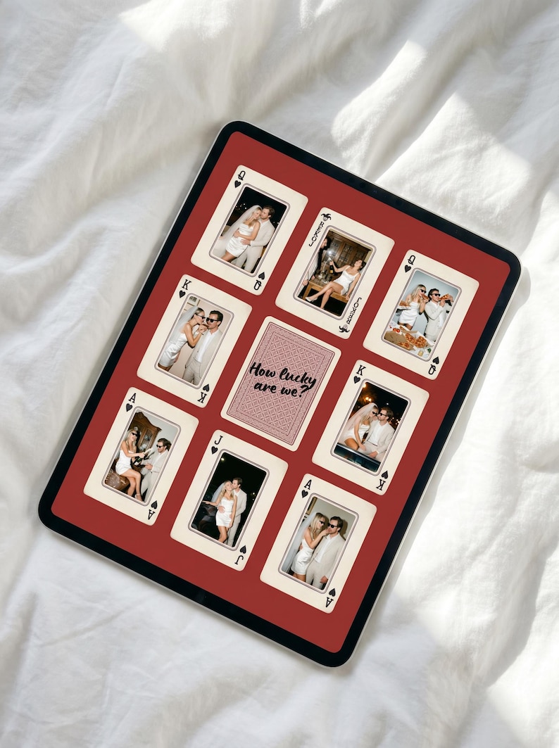 May include: A rectangular print featuring a red background with eight playing card designs surrounding a central card. Each card displays a different photograph of a couple in wedding attire. The center card has a patterned border and the text How lucky are we?