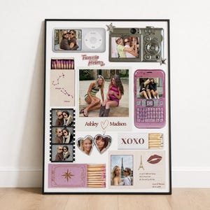 May include: A collage print featuring various Y2K-inspired elements including a digital camera, a music player, a pink mobile phone, matchboxes, film strips, heart-shaped lockets, and photographs of two people with the text Ashley and Madison.