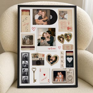 May include: A framed collage featuring various personal photographs, a vinyl record, a matchbox, a film strip, a heart-shaped locket, a camera, a key, a playing card, and Scrabble tiles spelling LOVE, all arranged on a white background.