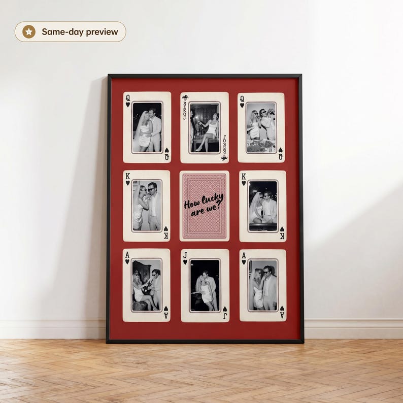Personalized playing card photo print with couple photos, custom center text, and red wall art design for anniversary or wedding gift.Custom playing card photo print mockup with same-day design preview badge, made with personal couple photos and text.