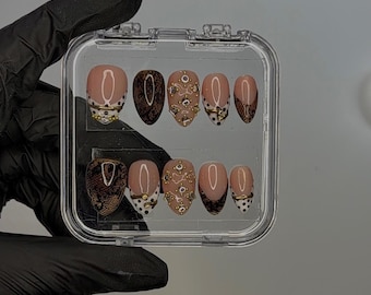 GILDED COCOA • Almond Press On Nails | Gold Charm Lace Tip Glam Set (Handmade)
