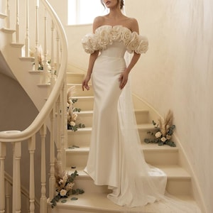 Vestido de novia de satén con hombros descubiertos, vestido de novia estilo sirena con mangas florales, elegante vestido de novia para primavera y verano, regalo de boda