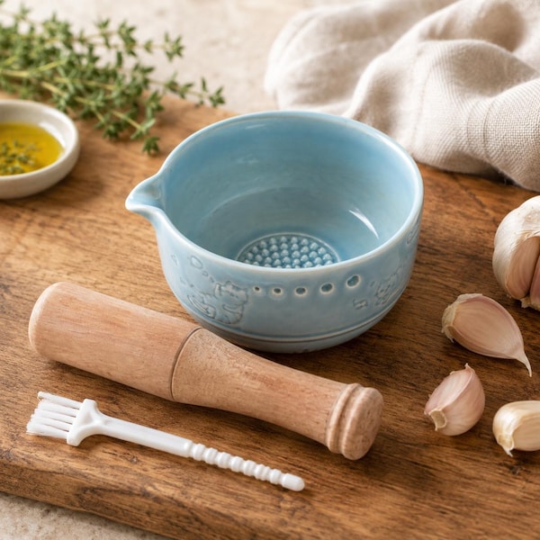 Gift for Cooking Enthusiasts, Garlic Mashing Ceramic Dish, Herb Stem Remover, Kitchen Grinding Plate for Garlic, Kitchen Prep Accessory