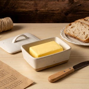 May include: A rectangular ceramic butter dish with a lid and a handle, containing a yellow block of butter. A small knife with a wooden handle and a plate of sliced bread are nearby. The dish is off-white with a brown base.