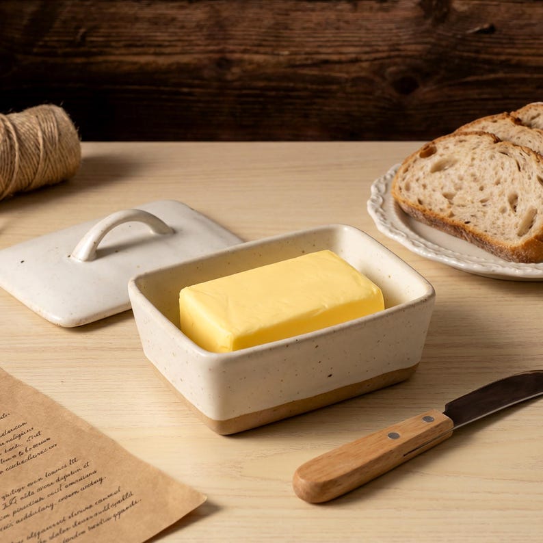 May include: A rectangular ceramic butter dish with a lid and a handle, containing a yellow block of butter. A small knife with a wooden handle and a plate of sliced bread are nearby. The dish is off-white with a brown base.