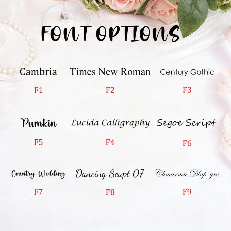 May include: Image displaying font options for design projects. The text "FONT OPTIONS" is at the top. Below are nine font samples: Cambria, Times New Roman, Century Gothic, Pumkin, Lucida Calligraphy, Segoe Script, Country Wedding, Dancing Scupt 07, and Chmarmn Dlup gro.