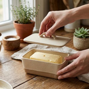 May include: A rectangular, off-white ceramic butter dish with a matching lid. The lid has a curved handle. The dish contains a block of yellow butter. The dish is on a wooden surface.