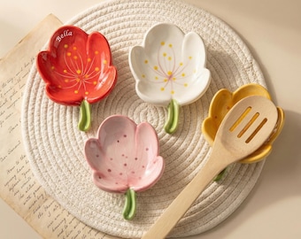 Mothers Day Personalized Floral Spoon Rest, Custom Ceramic Spoon Holder, Kitchen Decor, Unique Kitchen Gift, Gift for Her, Housewarming Gift