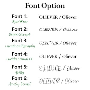 May include: A white graphic with the title "Font Option" at the top. The image displays six font options, each with a sample font name and the word "Oliever" in the corresponding font style. The font names are in black and green.