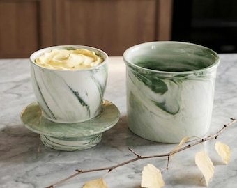Handmade Ceramic Butter Keeper,Marble-patterned butter dish,French Butter Crock with Butter knife,Boho Desk Decor,Elegant Kitchen Decor