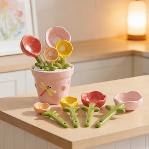 May include: A ceramic measuring spoon set in the shape of flowers, with a pink flower pot. The set includes spoons in red, pink, and yellow, with green stems. The pot is decorated with a dragonfly and small flowers.