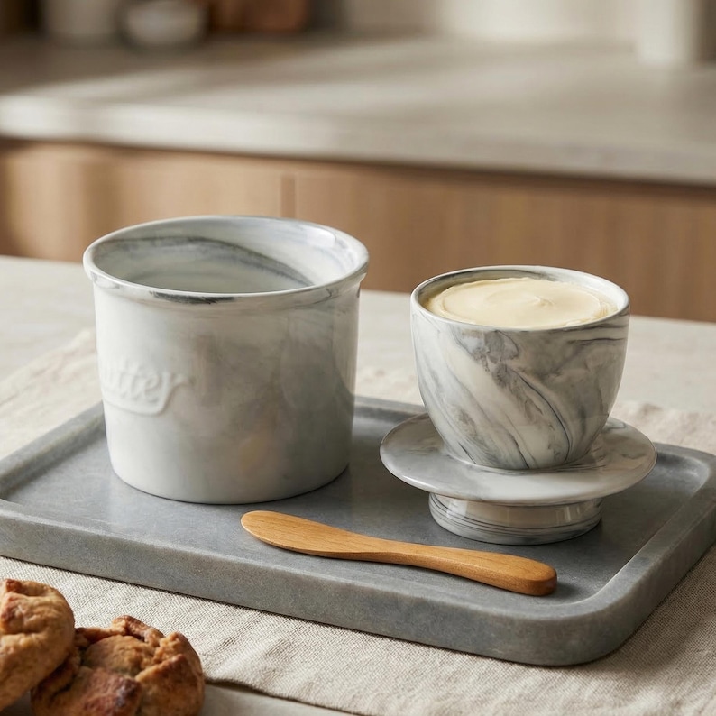 Puede incluir: Un juego de mantequera con dise&ntilde;o de m&aacute;rmol con un recipiente a juego, un peque&ntilde;o cuchillo de mantequilla de madera y una bandeja rectangular gris. La mantequera est&aacute; llena de mantequilla. El recipiente tiene la palabra "butter" en relieve en el lateral.