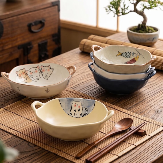 Mother's Day Gift,Handmade Pottery Ramen Bowl,Ceramic Soup Bowl with Handles,Microwave Dishwasher Safe,Cereal Bowls
