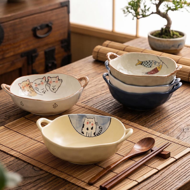 Peut inclure: Ensemble de bols en c&eacute;ramique avec anses, d&eacute;cor&eacute;s de motifs peints &agrave; la main de chats et de poissons. Les bols sont de couleurs cr&egrave;me, bleu et jaune. Une cuill&egrave;re et des baguettes en bois sont &eacute;galement visibles.