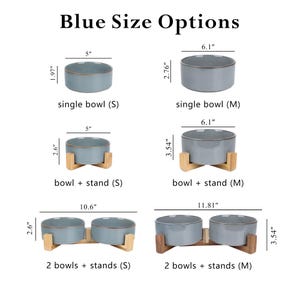 May include: Image shows blue pet bowls in various sizes, with and without wooden stands. Measurements are in inches, including a single bowl (5" diameter), a bowl with stand (5" diameter), and a set of two bowls with stands (10.6" wide). Text reads "Blue Size Options."