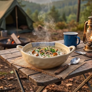 Peut inclure: Un bol fumant de soupe aux champignons avec des herbes fra&icirc;ches sur une table en bois. Une tasse &eacute;maill&eacute;e bleue, une lanterne et un feu de camp en arri&egrave;re-plan sugg&egrave;rent une sc&egrave;ne de camping. Le bol &agrave; soupe a des poign&eacute;es et un bord d&eacute;coratif.