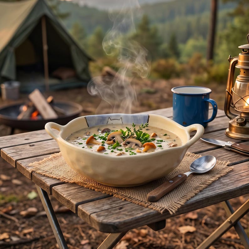 Peut inclure: Un bol fumant de soupe aux champignons avec des herbes fra&icirc;ches sur une table en bois. Une tasse &eacute;maill&eacute;e bleue, une lanterne et un feu de camp en arri&egrave;re-plan sugg&egrave;rent une sc&egrave;ne de camping. Le bol &agrave; soupe a des poign&eacute;es et un bord d&eacute;coratif.
