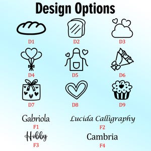 Puede incluir: Imagen que muestra opciones de dise&ntilde;o con varias ilustraciones en negro. Incluyen una barra de pan, tostadas, una nube con corazones, globos, un delantal, un ramo, una caja de regalo, un coraz&oacute;n y una magdalena. Tambi&eacute;n se muestran opciones de fuentes.