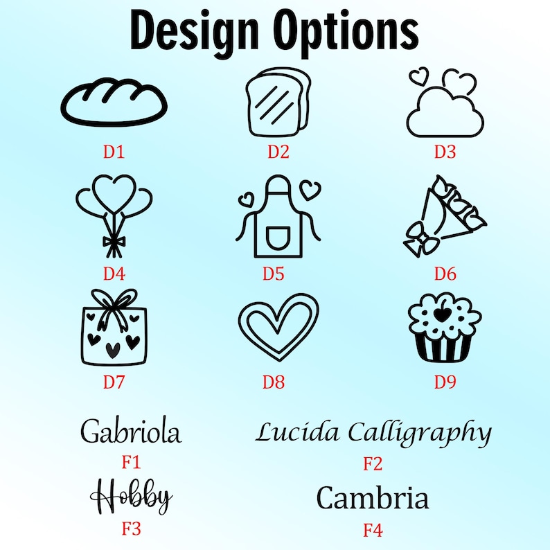Puede incluir: Imagen que muestra opciones de dise&ntilde;o con varias ilustraciones en negro. Incluyen una barra de pan, tostadas, una nube con corazones, globos, un delantal, un ramo, una caja de regalo, un coraz&oacute;n y una magdalena. Tambi&eacute;n se muestran opciones de fuentes.