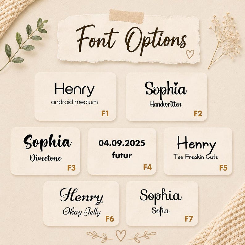 Pu&ograve; includere: Una visualizzazione di sette opzioni di carattere etichettate da F1 a F7 su schede rettangolari. Il testo include nomi come Henry e Sophia, e stili come android medium, Handwritten, Dimetone, futur, Tee Freakin Cute, Okay Jelly e Sofia.
