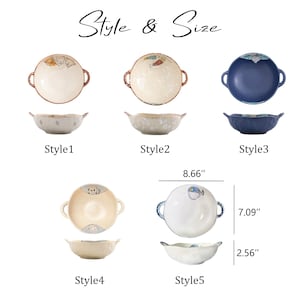 Peut inclure: Ensemble de bols en c&eacute;ramique de diff&eacute;rents styles, avec des poign&eacute;es et des motifs d&eacute;coratifs. Dimensions : 22 cm de large, 18 cm de haut et 6,5 cm de profondeur. Le texte "Style & Size" est en haut.