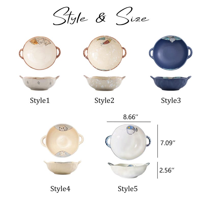 Peut inclure: Ensemble de bols en c&eacute;ramique de diff&eacute;rents styles, avec des poign&eacute;es et des motifs d&eacute;coratifs. Dimensions : 22 cm de large, 18 cm de haut et 6,5 cm de profondeur. Le texte "Style & Size" est en haut.