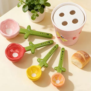 May include: A set of colorful ceramic measuring spoons in pink, red, yellow, and orange, with green handles. A pink toothbrush holder with a dragonfly design and a small loaf of bread are also present.