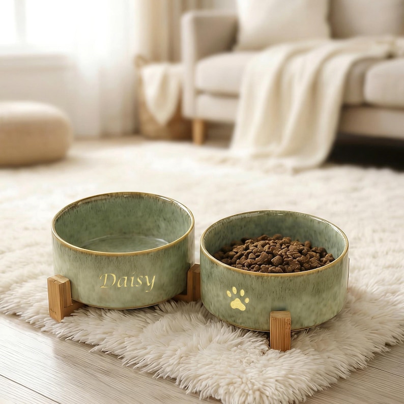 May include: Two green ceramic pet bowls with a gold rim and wooden stands. One bowl has the name "Daisy" in gold lettering, the other has a gold paw print and is filled with pet food. Bowls are on a fluffy white rug.
