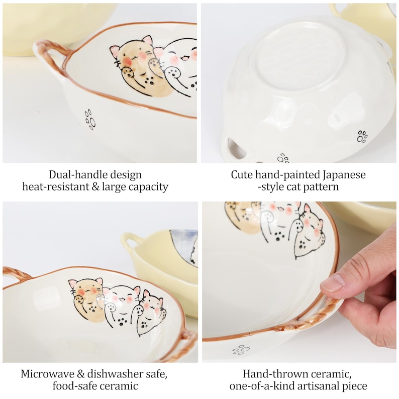 Peut inclure: Bol en c&eacute;ramique cr&egrave;me avec une conception &agrave; double poign&eacute;e. Le bol pr&eacute;sente un motif de chat de style japonais peint &agrave; la main et des empreintes de pattes. Le texte sur l'image dit "Microwave & dishwasher safe, food-safe ceramic".