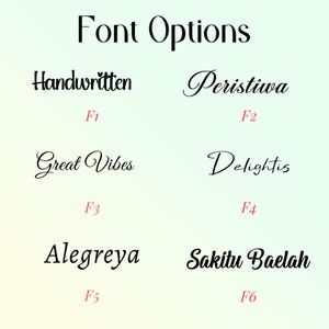 May include: A graphic showcasing font options. The title "Font Options" is in a bold, black serif font. Below are six font samples with names like "Handwritten" and "Great Vibes", each labeled with a corresponding "F" number in red.